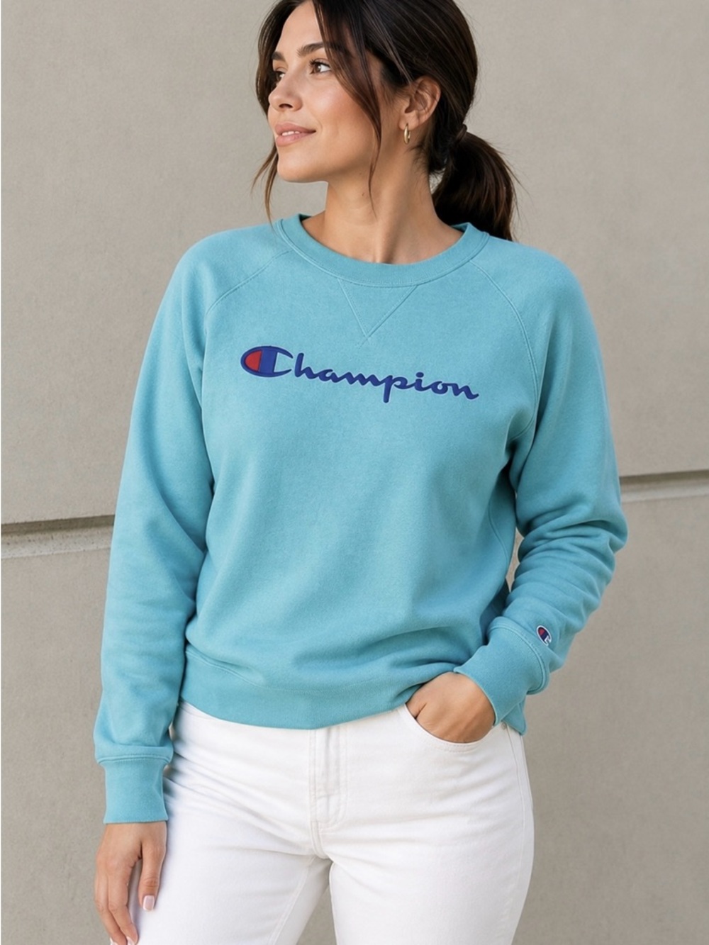Champion Script Logo Crewneck Sweatshirt Blue Unisex M Spellout